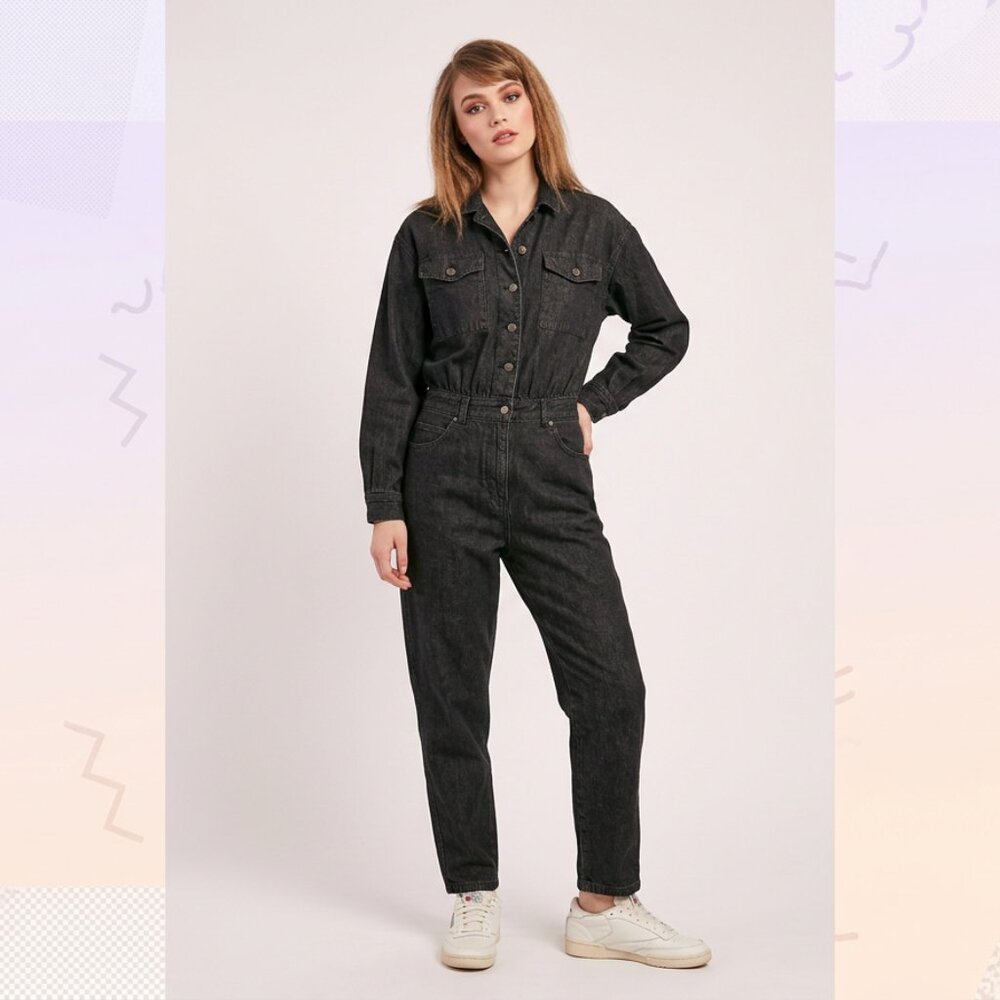 Vintage Gotcha Covered Denim Jumpsuit Black Made in USA Long Sleeve Size 14